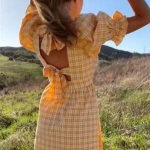Rahi Womens Cottagecore Plaid Yellow Prairie Puff Sleeve Ruffle Tie Back Dress